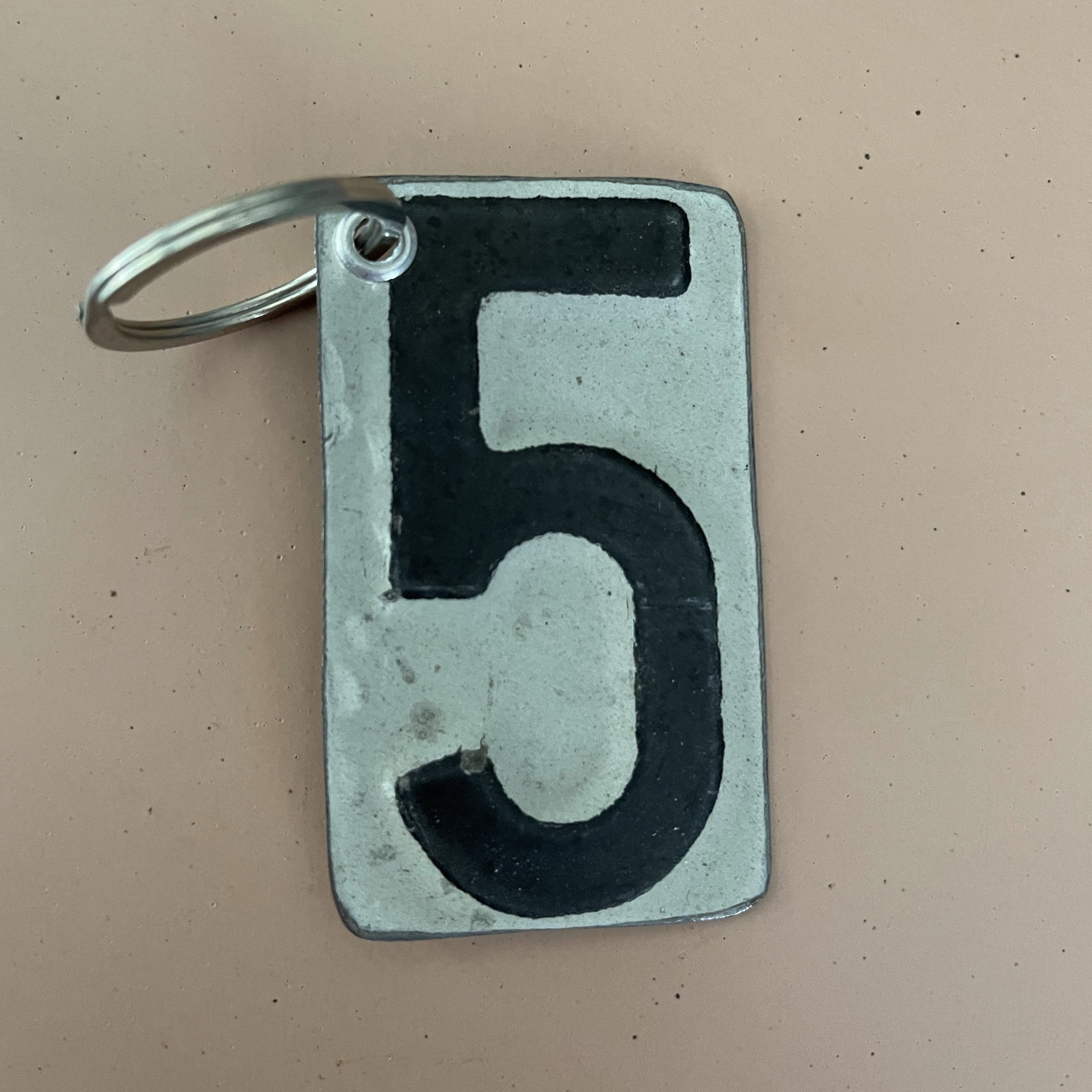 black  number 5 keychain from recycled license plate