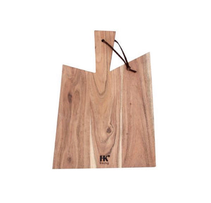 acacia wooden irregular shape cutting board with handle and leather string with HKliving logo in black