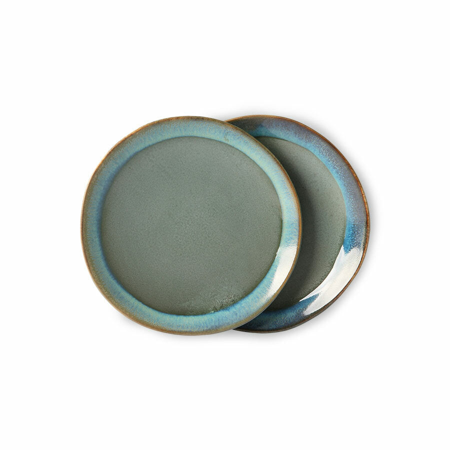 set of two green desert plates with blue and brown rim