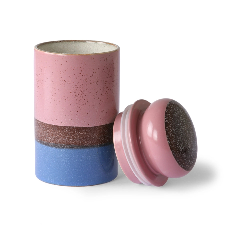 stoneware storage jar with lid in pink brown and blue color palette