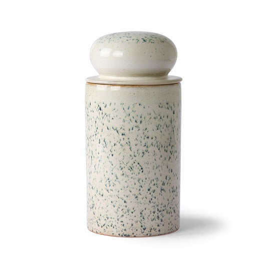 stoneware storage jar with reactive glaze in white with blue, greenish speckles
