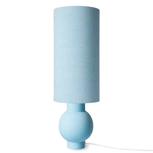 pastel blue table lamp with ball foot and tall linen shade