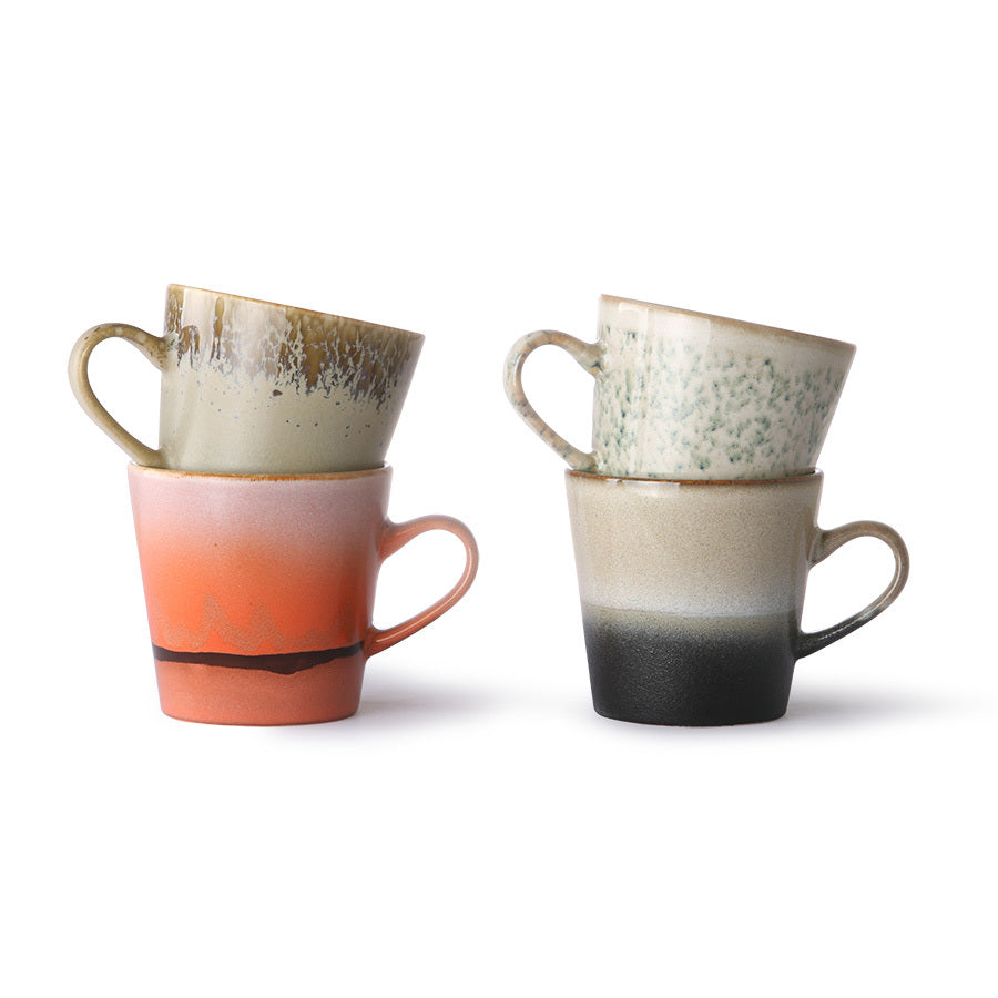 4 different color stoneware americano mugs with ear