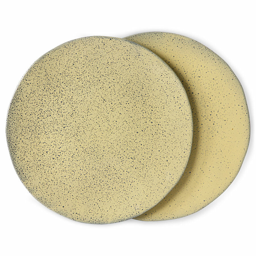 organic shape yellow dinner plates with speckled finish