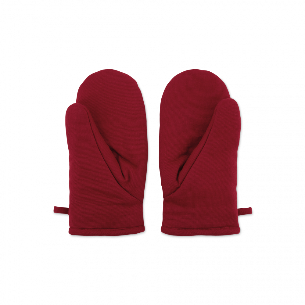 maroon red backside of 2 color coordinated oven mitts with stripes