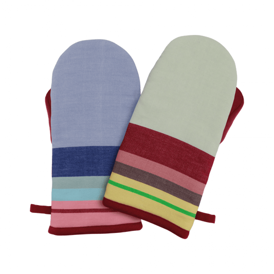 2 color coordinated oven mitts with stripes
