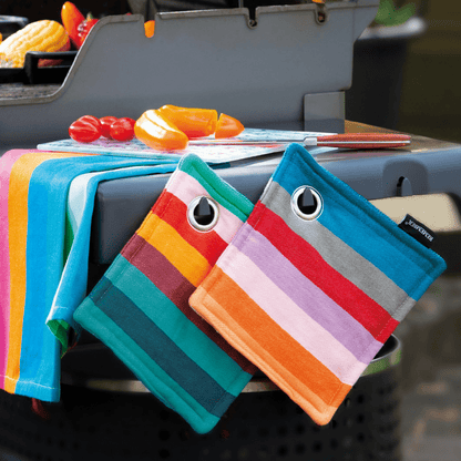 square striped cotton pot holders with hanging eye on a bbq