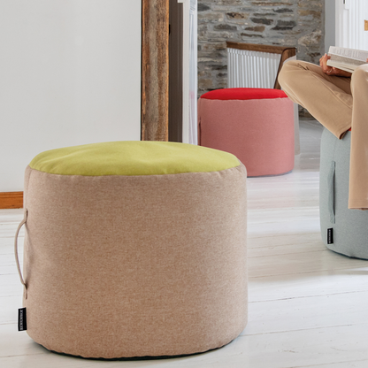 tricolor pouf in beige, green and blue seating