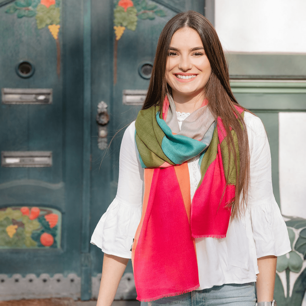 colorful extra long soft scarf worn on a white shirt