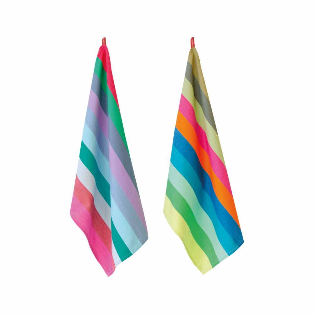 two striped, colorful kitchen towels with big and small stripes