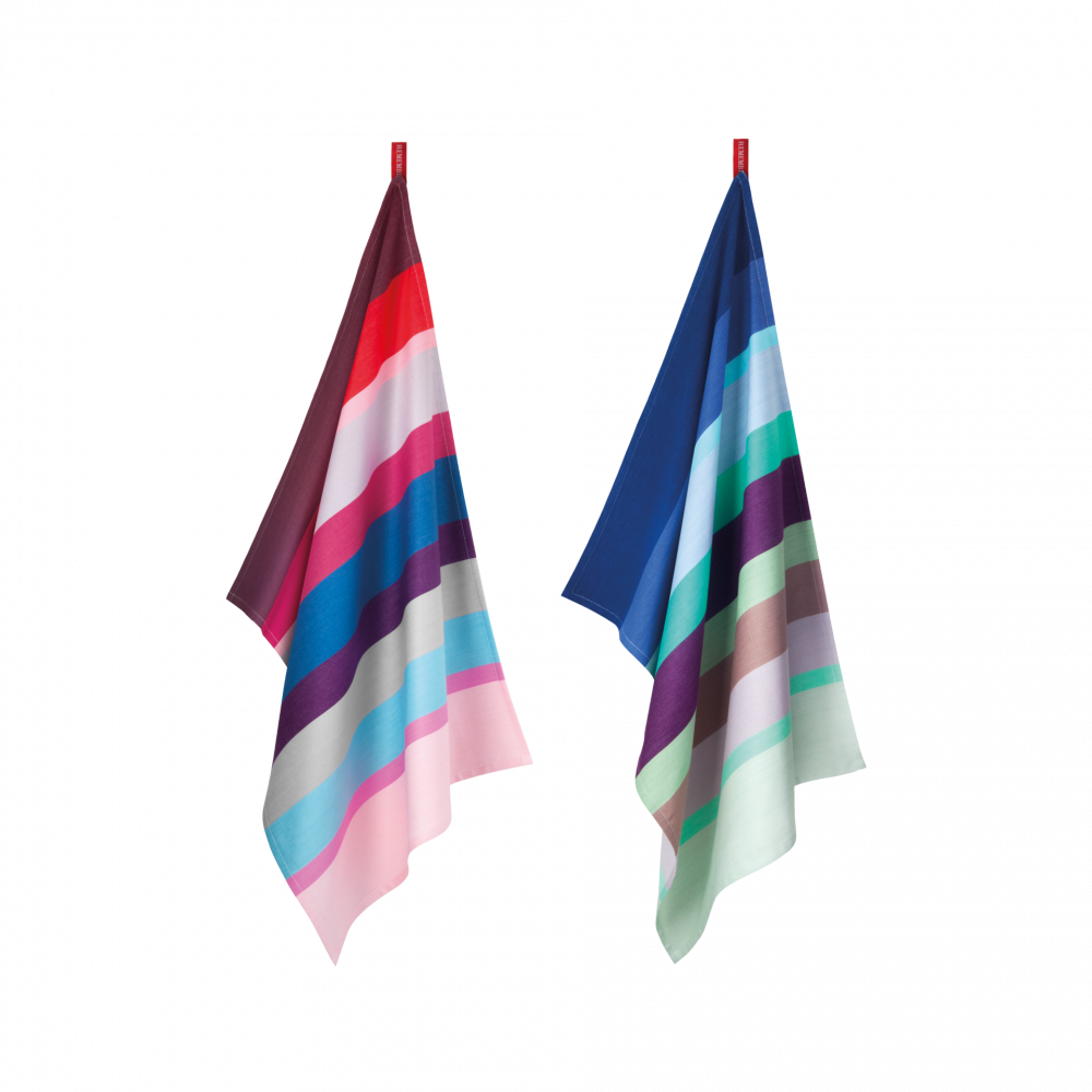 two striped kitchen towels made of colorful cotton