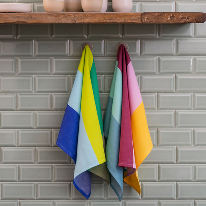 two striped kitchen towels made of colorful cotton hanging in a kitchen