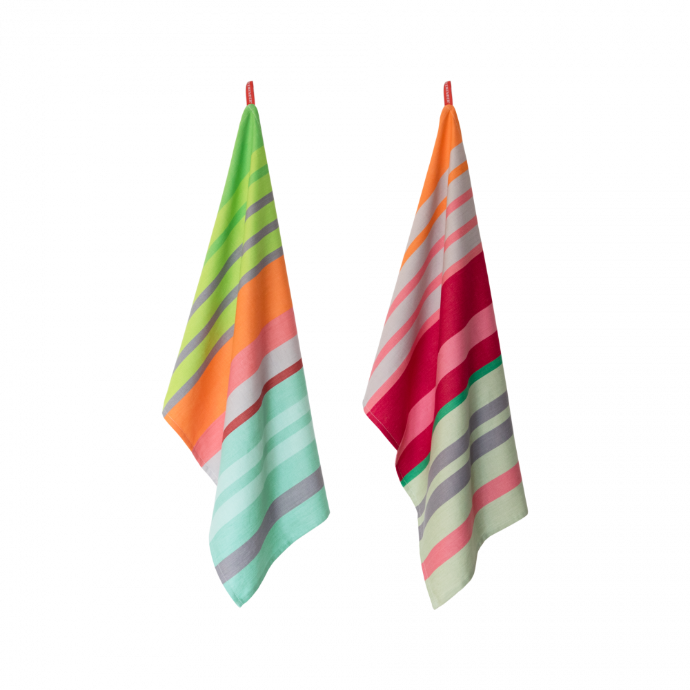 two striped, colorful kitchen towels with big and small stripes