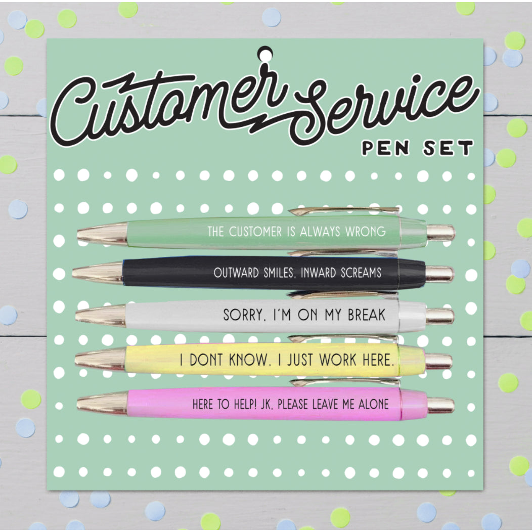 set of 5 ballpoints with funny customer service quotes
