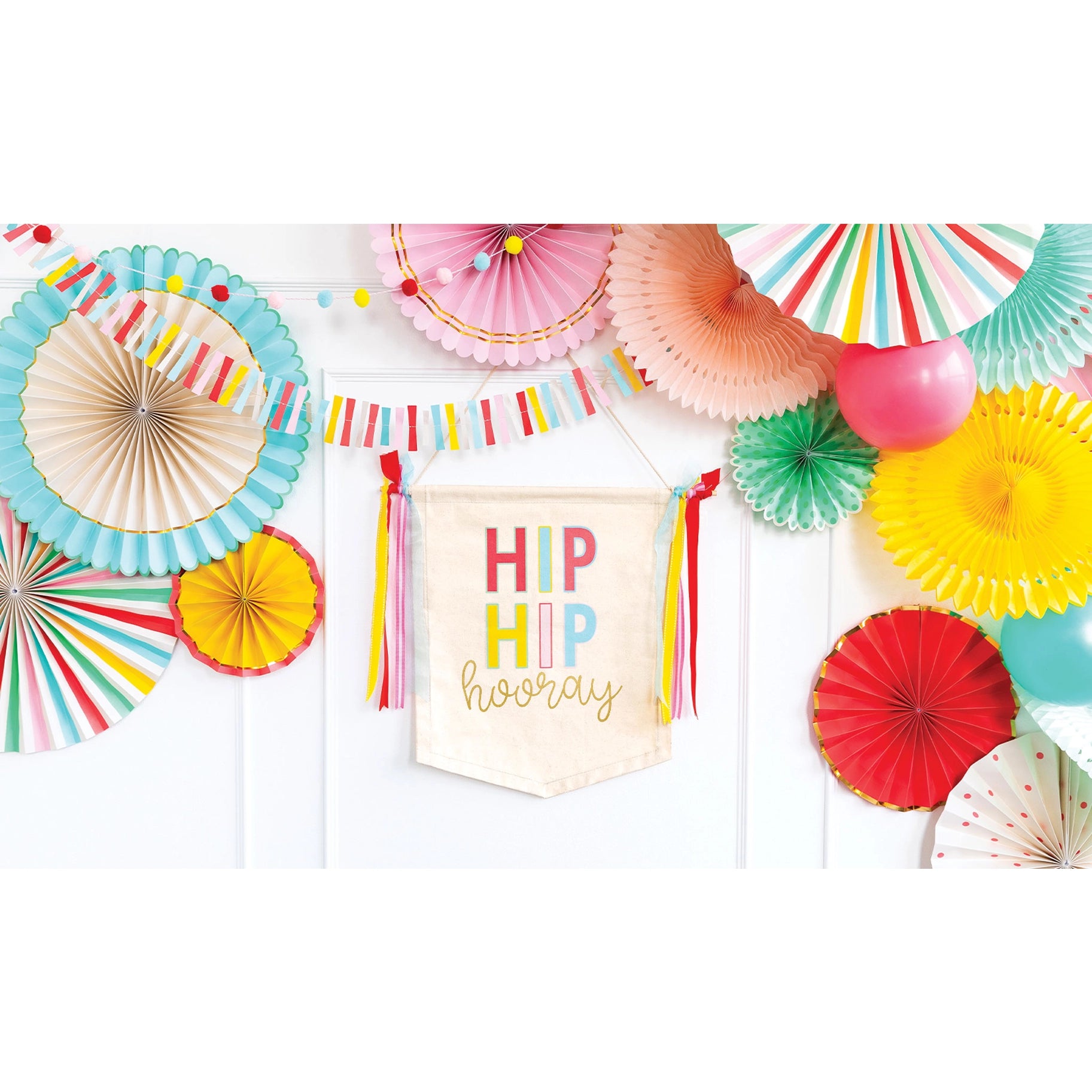 flag banner with tassels and colorful Hip Hip Hooray phrase