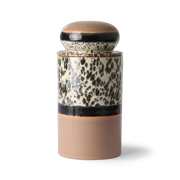 retro style stoneware storage jar in brown hues