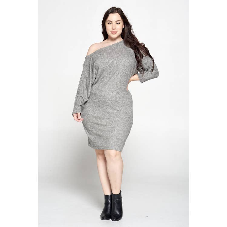 grey colored knitwear off shoulder dress