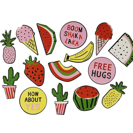set of 16 stickers with strawberries, pineapples, bananas and icecream