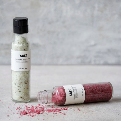 red and white designer slat in glass grinder bottles