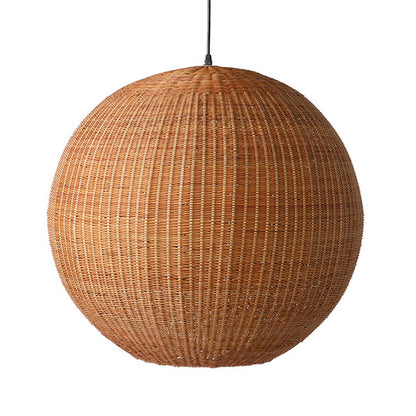 round, brown hanging ball light made from bamboo with a black electrical cord