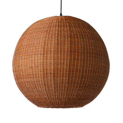 big round brown pendant light made of bamboo with a black electrical cord