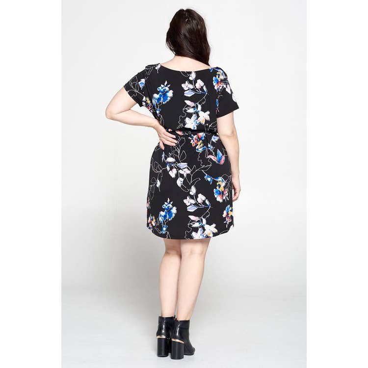 stylish black dress with white blue and yellow flower print