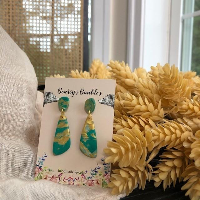 green and gold colored handmade earrings by bearsy's baubles