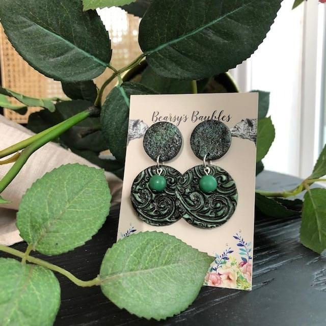 textured charcoal and green earrings