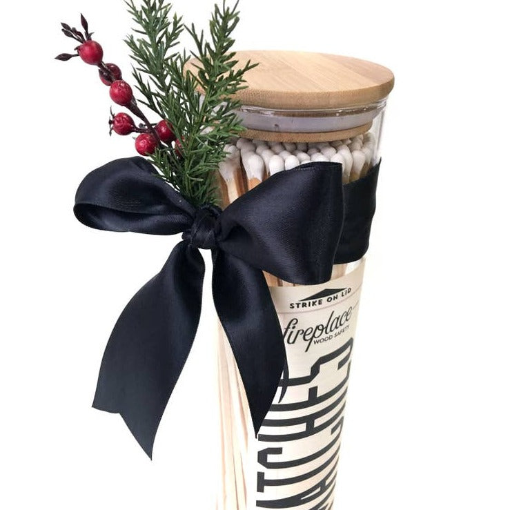 Christmas gift idea to wrap fireplace matches in a glasss jar with lid