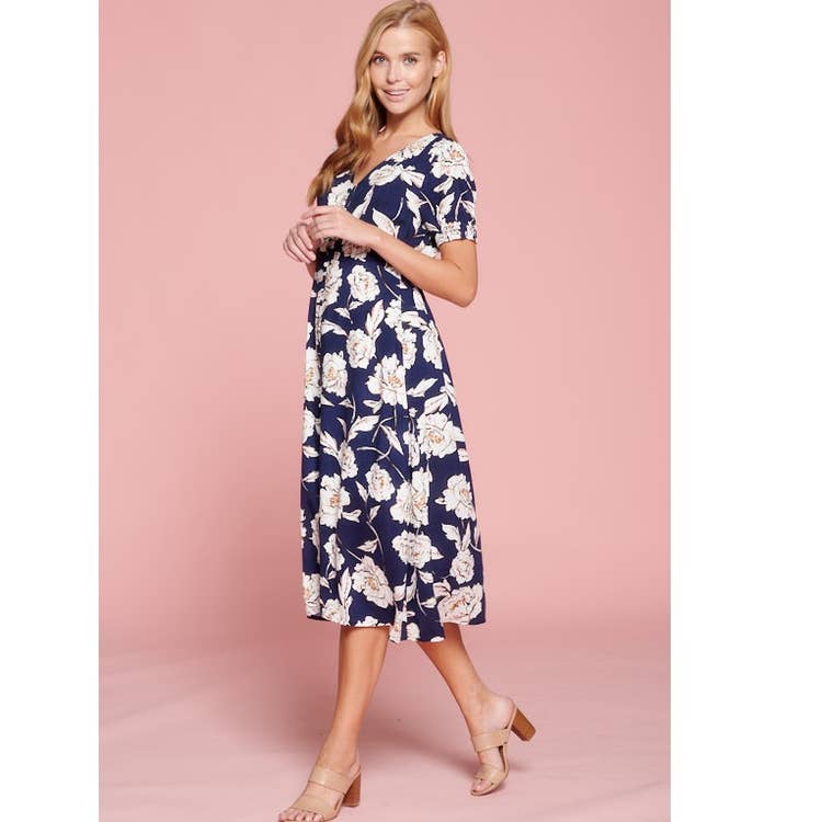 stylish flower dress with white flowers and navy blue base