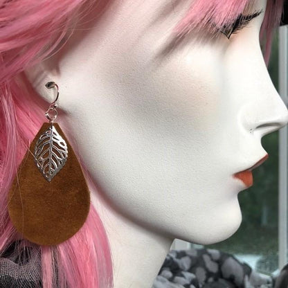 leather teardrop earrings with silver leaf