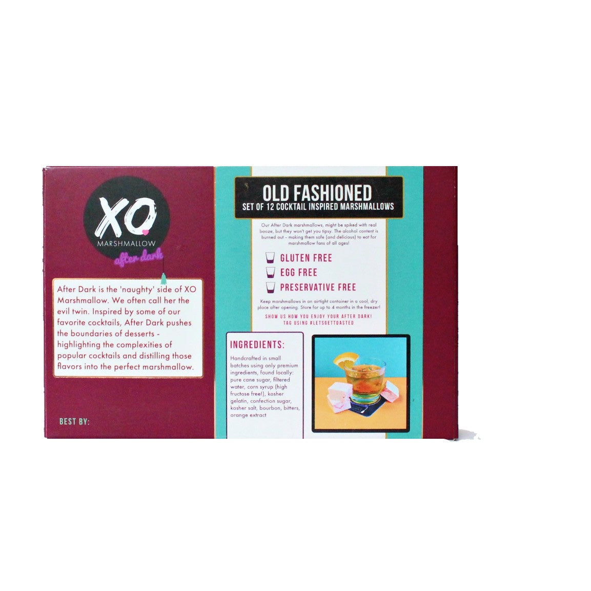 purple, blue and white packaging of xo marshmallow