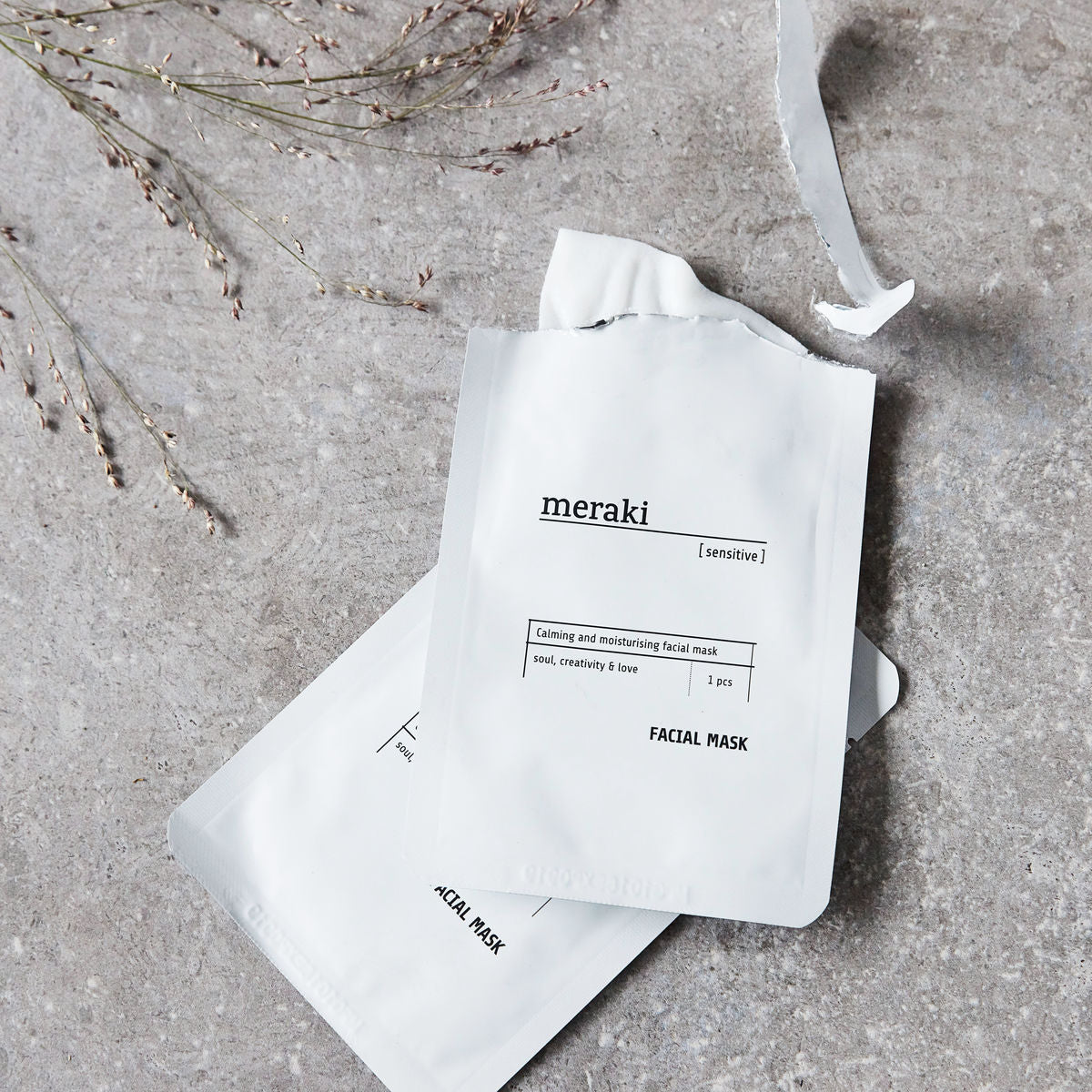 Meraki facial mask in a white sachet