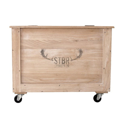 wooden trunk with STBR logo