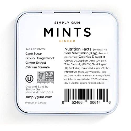 back of simply gum ginger mints in tin