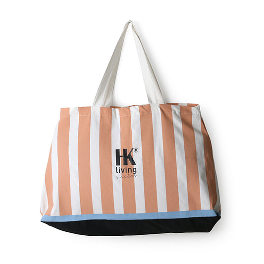 peach white and blue striped cotton beach bag with HKliving logo