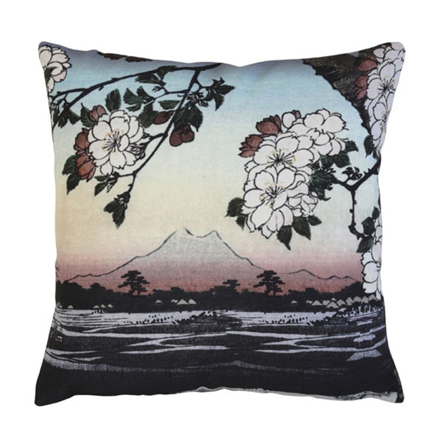 printed pillow on natural cotton of Japanese mountain and flowers in pastel colors