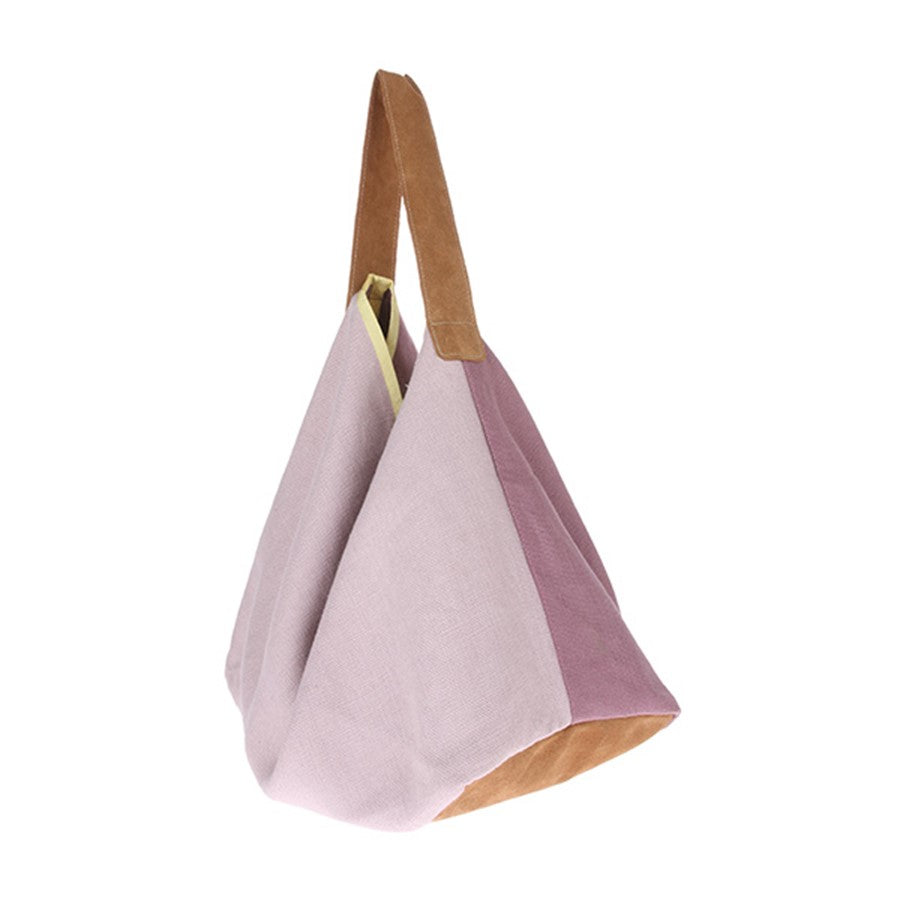 linen and suede bag in lilac and pink with yellow stripe