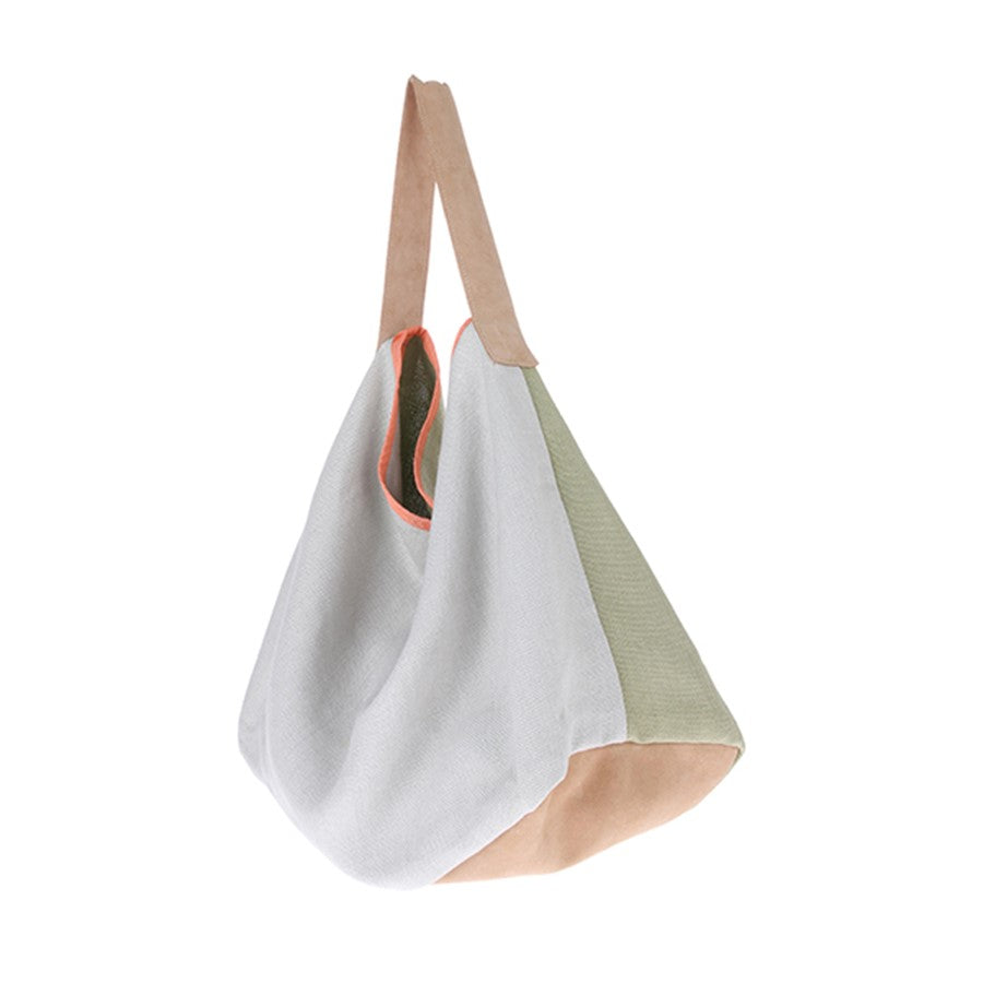 soft green and white linen and suede bag with leather strap