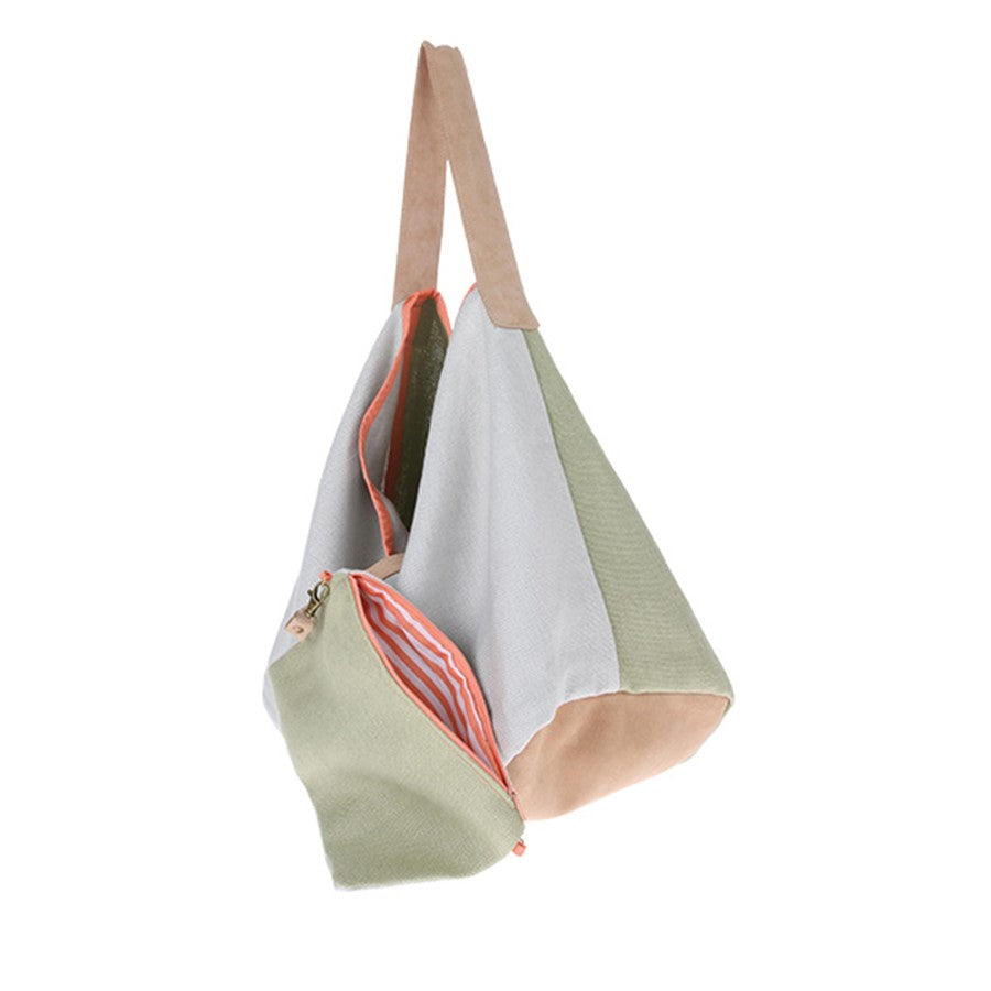 soft green and white linen and suede bag with leather strap