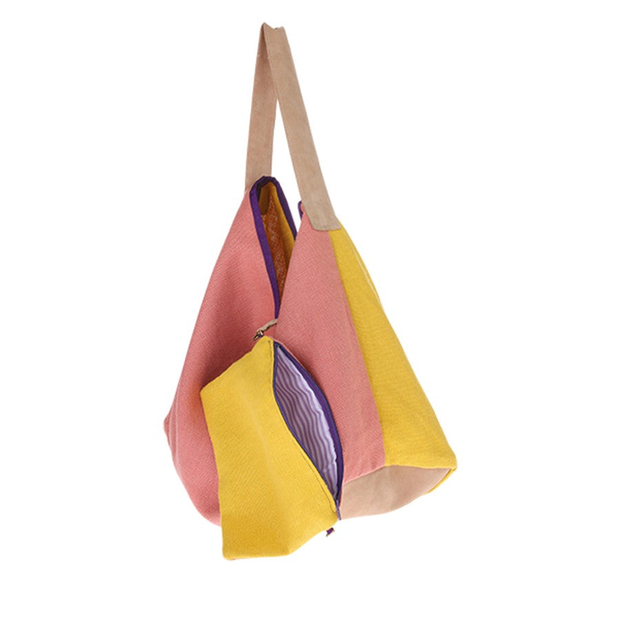 yellow and pink linen and suede bag
