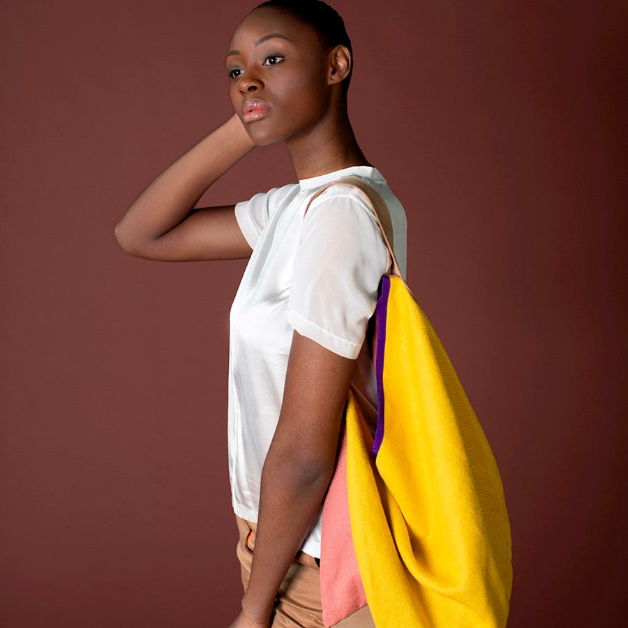 yellow and pink linen and suede bag with leather strap