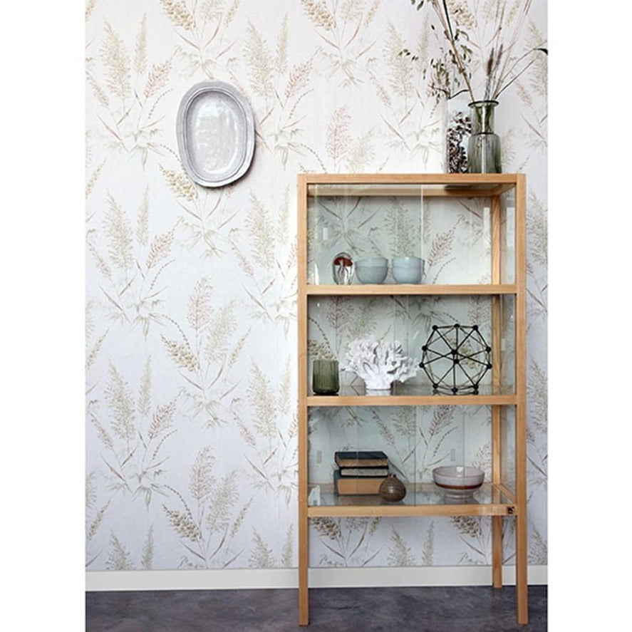 wall with vintage reed wallpaper by hkliving usa and showcase cabinet made of wood